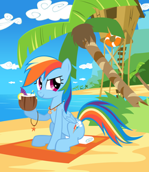 Size: 4717x5426 | Tagged: safe, artist:mick-o-maikeru, rainbow dash, pegasus, pony, g4, .psd available, absurd resolution, beach, beach blanket, coconut, coconut cup, female, mare, ocean, palm tree, sitting, solo, tree
