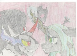 Size: 1755x1275 | Tagged: safe, artist:drdesasstrah, king sombra, queen chrysalis, g4, female, heart, male, ship:chrysombra, shipping, straight, traditional art, unholy matrimony