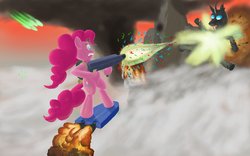 Size: 3200x2000 | Tagged: safe, artist:alkel u3, pinkie pie, changeling, pony, g4, bipedal, confetti, fight, flying, gun, riding, weapon