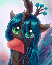 Size: 3200x4000 | Tagged: safe, artist:kp-shadowsquirrel, queen chrysalis, changeling, changeling queen, nymph, g4, :3, biting, bronybait, cute, cutealis, eye clipping through hair, fangs, female, heart, high res, looking at you, love, mouth hold, photoshop, smiling, smiling at you, solo, younger