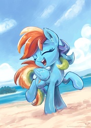 Size: 2000x2800 | Tagged: safe, artist:kp-shadowsquirrel, rainbow dash, pegasus, pony, g4, beach, eyes closed, female, high res, mare, open mouth, raised hoof, smiling, solo
