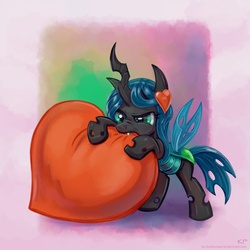Size: 3000x3000 | Tagged: safe, artist:kp-shadowsquirrel, queen chrysalis, changeling, changeling queen, nymph, g4, biting, cute, cutealis, female, heart, solo, younger