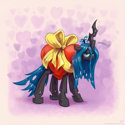 Size: 2400x2400 | Tagged: safe, artist:kp-shadowsquirrel, queen chrysalis, changeling, changeling queen, g4, clothes, costume, cute, cutealis, female, heart, heart costume, queen chrysalis is not amused, ribbon, seriously, solo, unamused