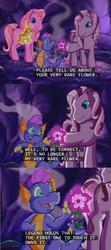 Size: 636x1429 | Tagged: safe, screencap, master kenbroath gilspotten heathspike, pinkie pie (g3), wysteria, zipzee, dragon, earth pony, pony, g3, the princess promenade, flower, lore, princess flower, smell, subtitles