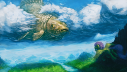 Size: 1920x1080 | Tagged: safe, artist:assasinmonkey, fluttershy, g4, cloud, cloudy, flying, giant fish, scenery, wat, water
