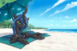 Size: 1500x1000 | Tagged: safe, artist:kp-shadowsquirrel, queen chrysalis, changeling, changeling queen, g4, beach, female, solo