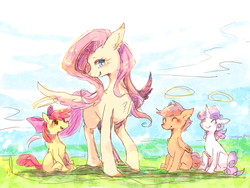 Size: 1000x750 | Tagged: safe, artist:pipi, apple bloom, fluttershy, scootaloo, sweetie belle, earth pony, pegasus, pony, unicorn, g4, cute, cutealoo, cutie mark crusaders, diasweetes, female, filly, foal, halo, mare, outdoors, pixiv, smiling