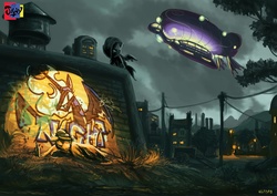 Size: 3508x2480 | Tagged: safe, artist:jowyb, nightmare moon, g4, airship, city, dark, glowing, graffiti, urban