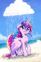 Size: 1000x1500 | Tagged: safe, artist:kp-shadowsquirrel, princess cadance, alicorn, pony, g4, :c, beach, bow, cloud, cute, cutedance, featured image, female, floppy ears, frown, looking at you, mare, princess sadance, rain, sad, sadorable, solo, spread wings, tail, tail bow, wet, wet mane, wings