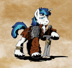 Size: 900x851 | Tagged: safe, artist:sonicpegasus, shining armor, g4, badass, clothes, garen, league of legends, male, solo, sword, weapon