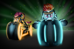 Size: 1024x670 | Tagged: safe, artist:xioade, rainbow dash, scootaloo, g4, duo, lightcycle, tron