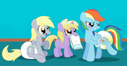 Size: 2400x1250 | Tagged: safe, artist:fillyscoots42, derpy hooves, dinky hooves, rainbow dash, pegasus, pony, unicorn, g4, blushing, diaper, diaper fetish, female, gritted teeth, mare, mouth hold, non-baby in diaper, open mouth, open smile, peeing in diaper, pissing, poofy diaper, smiling, teeth, urine, used diaper, wet diaper, wetting, wetting diaper