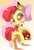 Size: 674x999 | Tagged: dead source, safe, artist:oze, apple bloom, earth pony, pony, g4, adorabloom, apple, bipedal, blushing, cute, female, grin, heart, looking at you, munch, simple background, smiling, solo, teeth mark