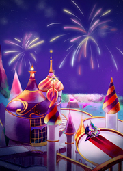 Size: 1236x1713 | Tagged: safe, artist:amy30535, princess celestia, twilight sparkle, alicorn, pony, g4, canterlot, female, fireworks, mare, night, older, older twilight, scenery, twilight sparkle (alicorn)