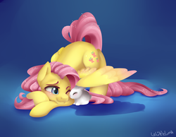 Size: 1954x1516 | Tagged: safe, artist:lelittleluna, fluttershy, rabbit, g4, blushing, one eye closed, one wing out, wings, wink