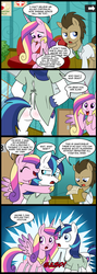 Size: 713x2000 | Tagged: safe, artist:madmax, doctor whooves, princess cadance, queen chrysalis, shining armor, time turner, g4, bipedal, butt, comic, hospital, hospital gown, hug, offscreen character, plot, pregnant, the ass was fat