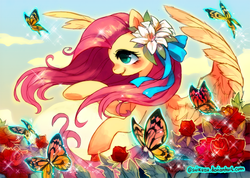 Size: 800x568 | Tagged: dead source, safe, artist:suikuzu, fluttershy, butterfly, pegasus, pony, g4, 2013, blushing, female, flower, flower in hair, poster, ribbon, solo, spread wings