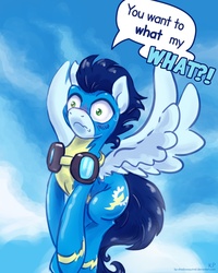 Size: 1200x1500 | Tagged: safe, artist:kp-shadowsquirrel, soarin', g4, blushing, clothes, flying, goggles, male, solo, uniform, wonderbolts