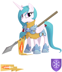 Size: 2500x2900 | Tagged: safe, artist:equestria-prevails, princess celestia, alicorn, pony, g4, alternate hairstyle, armor, female, flag, frown, high res, mare, simple background, solo, spear, transparent background, warrior celestia, weapon, younger
