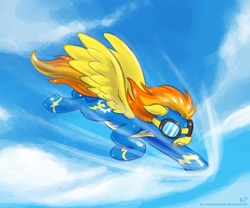 Size: 1200x1000 | Tagged: safe, artist:kp-shadowsquirrel, spitfire, pegasus, pony, g4, clothes, cloud, female, flying, goggles, sky, solo, uniform, wonderbolts uniform