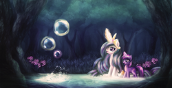 Size: 1250x645 | Tagged: safe, artist:macalaniaa, princess celestia, twilight sparkle, g4, bubble, forest, scenery, water