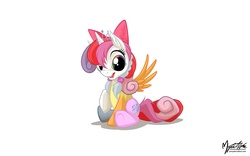 Size: 2560x1600 | Tagged: safe, artist:mysticalpha, apple bloom, diamond tiara, scootaloo, silver spoon, sweetie belle, oc, oc:diapplootiespoon, chimera, cutie mark crusaders, diapplootiespoon, fusion, multicolored iris, open mouth, ponytron, raised hoof, simple background, sitting, solo, spread wings, swootiara spoonbloom, what has magic done, what has science done, white background, wide eyes