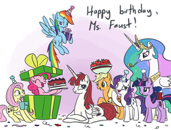 Size: 1280x974 | Tagged: safe, artist:king-kakapo, applejack, fluttershy, pinkie pie, princess celestia, rainbow dash, rarity, twilight sparkle, oc, oc:fausticorn, alicorn, earth pony, pegasus, pony, unicorn, g4, apple, birthday, cake, confetti, food, fruit bowl, happy birthday, happy birthday lauren faust, hat, lauren faust, party hat, party horn, present, prone, unicorn twilight