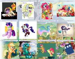 Size: 1062x844 | Tagged: safe, applejack, derpy hooves, doctor whooves, princess celestia, rarity, spike, time turner, twilight sparkle, pegasus, pony, g4, baby, baby spike, female, mare, meta, younger