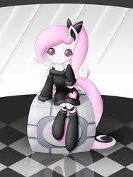 Size: 768x1024 | Tagged: safe, artist:jdan-s, oc, oc only, oc:cyberia heart, original species, pony, robot, robot pony, bow, clothes, companion cube, ponytail, portal (valve), socks, solo, sweater