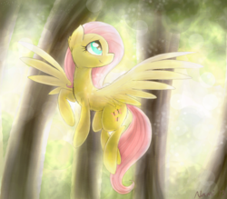 Size: 1024x899 | Tagged: safe, artist:namiwami, fluttershy, pegasus, pony, g4, female, flying, forest, looking away, mare, solo, spread wings