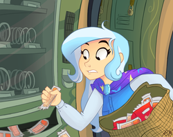 Size: 1584x1256 | Tagged: dead source, safe, artist:ric-m, trixie, human, g4, my little pony equestria girls, cape, clothes, female, humanized, peanut butter crackers, solo, that human sure does love peanut butter crackers, trixie's cape, vending machine