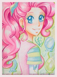 Size: 540x731 | Tagged: safe, artist:lemiacrescent, pinkie pie, human, g4, balloon, blue eyes, clothes, curly hair, deviantart, ear piercing, earring, female, grin, humanized, jewelry, piercing, pink hair, pink shirt, shirt, smiling, solo, sweater, traditional art