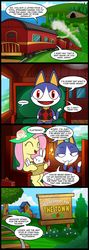 Size: 713x2000 | Tagged: safe, artist:madmax, angel bunny, fluttershy, rover, comic:the town, g4, animal crossing, basket, comic, crossover, hat, train