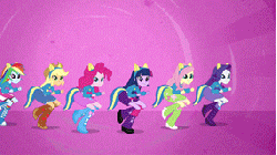 Size: 285x160 | Tagged: safe, screencap, applejack, fluttershy, pinkie pie, rainbow dash, rarity, twilight sparkle, equestria girls, g4, my little pony equestria girls, animated, boots, female, gif, helping twilight win the crown, high heel boots, humane five, humane six, jumping, shoes, squatting, stomping, wondercolts uniform
