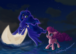 Size: 1024x729 | Tagged: safe, artist:deathpwny, pinkie pie, princess luna, g4, glowing, moon, surfing, tangible heavenly object, tongue out, water