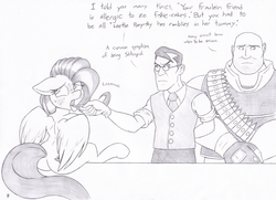 Size: 1300x942 | Tagged: safe, artist:joey darkmeat, fluttershy, pony, g4, allergic reaction, allergies, butt, heavy (tf2), medic, medic (tf2), monochrome, plot, sick, team fortress 2, traditional art