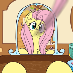 Size: 1000x1000 | Tagged: safe, artist:reiduran, fluttershy, pegasus, pony, g4, :c, bad hair day, female, female pov, first person view, frown, mare, mirror, offscreen character, pov, reflection, solo, stray strand