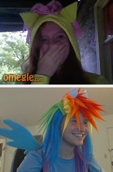 Size: 320x488 | Tagged: safe, fluttershy, rainbow dash, human, g4, cosplay, irl, irl human, omegle, photo