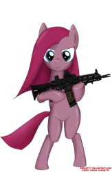 Size: 3269x5000 | Tagged: safe, artist:orang111, pinkie pie, earth pony, pony, g4, absurd resolution, bipedal, eotech, female, gun, hk416, holographic sight, looking at you, picatinny rail, pinkamena diane pie, rifle, solo, weapon