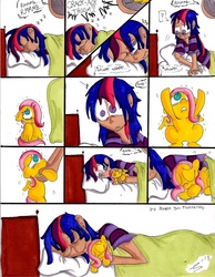 Size: 1700x2189 | Tagged: safe, artist:storypony, fluttershy, twilight sparkle, human, g4, bed, comic, crying, cuddling, cute, dark skin, fear of thunder, filly, hug request, humanized, scared, snuggling, thunderstorm