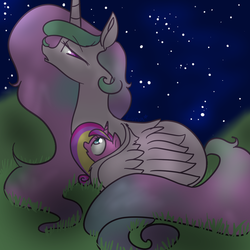 Size: 1000x1000 | Tagged: safe, artist:woonabunny, princess cadance, princess celestia, g4, filly, night, sad