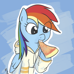 Size: 2400x2400 | Tagged: safe, artist:hardcyder, rainbow dash, pegasus, pony, g4, clothes, eating, eye clipping through hair, female, food, hoodie, pizza, solo, that pony sure does love pizza