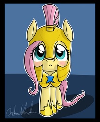 Size: 1400x1700 | Tagged: safe, artist:nerow94, fluttershy, g4, :<, armor, blushing, cute, eye clipping through hair, female, hnnng, looking at you, looking up, looking up at you, royal guard, shyabetes, solo