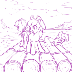 Size: 600x600 | Tagged: safe, artist:fajeh, apple bloom, scootaloo, sweetie belle, earth pony, pegasus, pony, unicorn, g4, color me, cutie mark crusaders, monochrome, raft, river, scenery, sketch, water