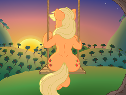 Size: 3001x2254 | Tagged: safe, artist:joey darkmeat, artist:starbolt-81, applejack, earth pony, semi-anthro, g4, butt, female, orchard, plot, solo, sunset, swing, tree, wide hips