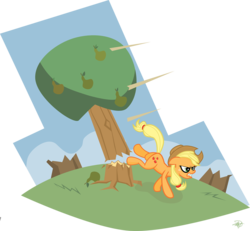 Size: 1385x1280 | Tagged: safe, artist:mafon, applejack, g4, bucking, deforestation, female, hilarious in hindsight, pear, solo, that pony sure does hate pears