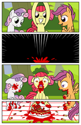 Size: 900x1381 | Tagged: safe, artist:habijob, apple bloom, scootaloo, sweetie belle, g4, comic, cutie mark crusaders, french fries, ketchup, not blood