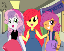 Size: 1280x1024 | Tagged: safe, artist:tails-doll-lover, apple bloom, scootaloo, sweetie belle, equestria girls, g4, clothes, cutie mark crusaders, older, skirt, teenage crusaders answers