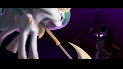 Size: 1024x576 | Tagged: dead source, safe, artist:zedrin, king sombra, princess celestia, fall of the crystal empire, g4, fight, weapon