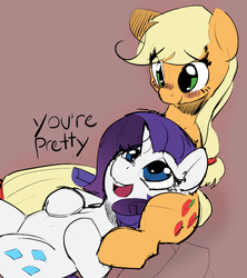 Size: 607x685 | Tagged: safe, artist:allosaurus, artist:mewball, applejack, rarity, g4, blushing, cuddling, dialogue, female, lesbian, ship:rarijack, shipping, snuggling, you're cute